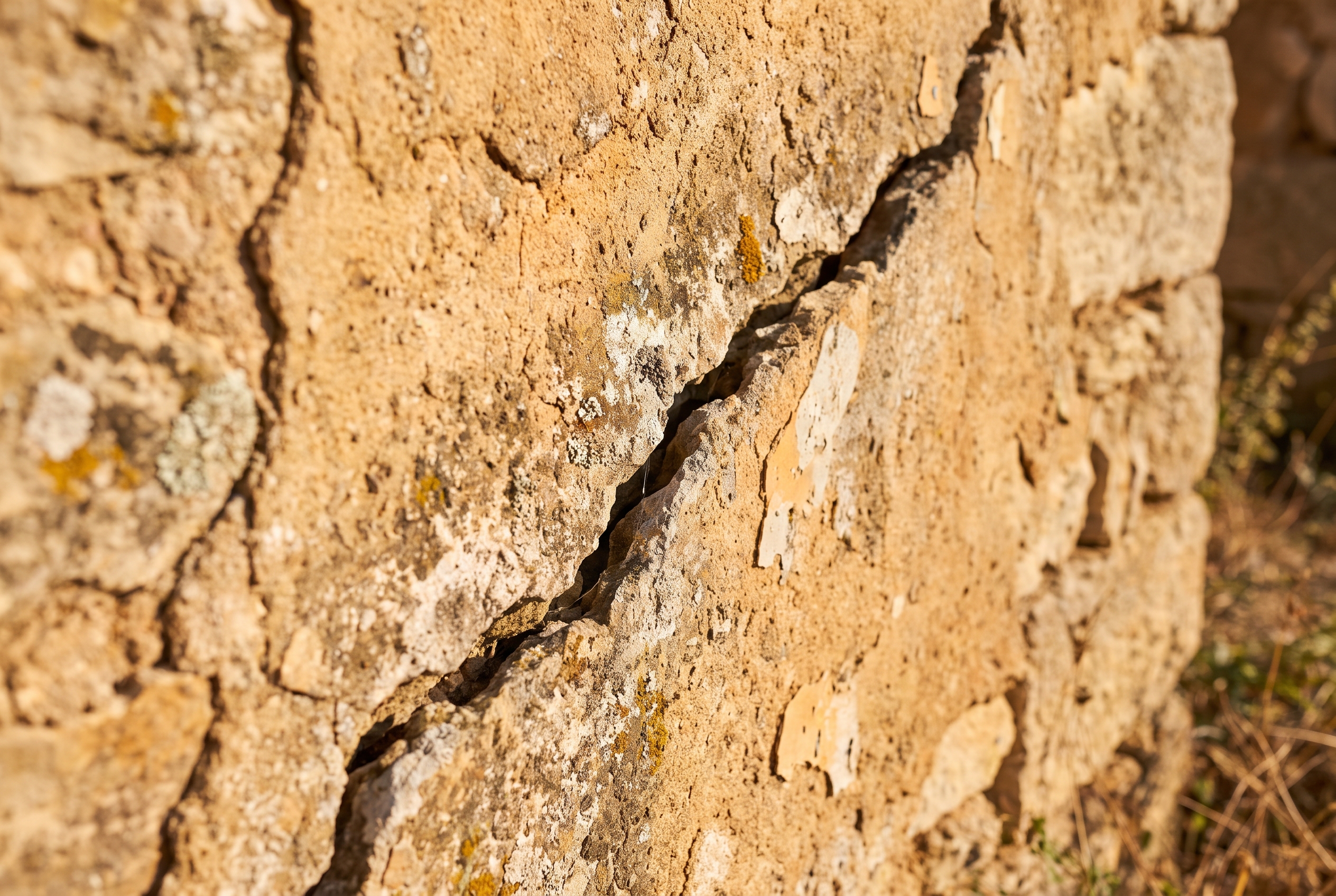 Fissure diagonale sur un mur en pierre provençal